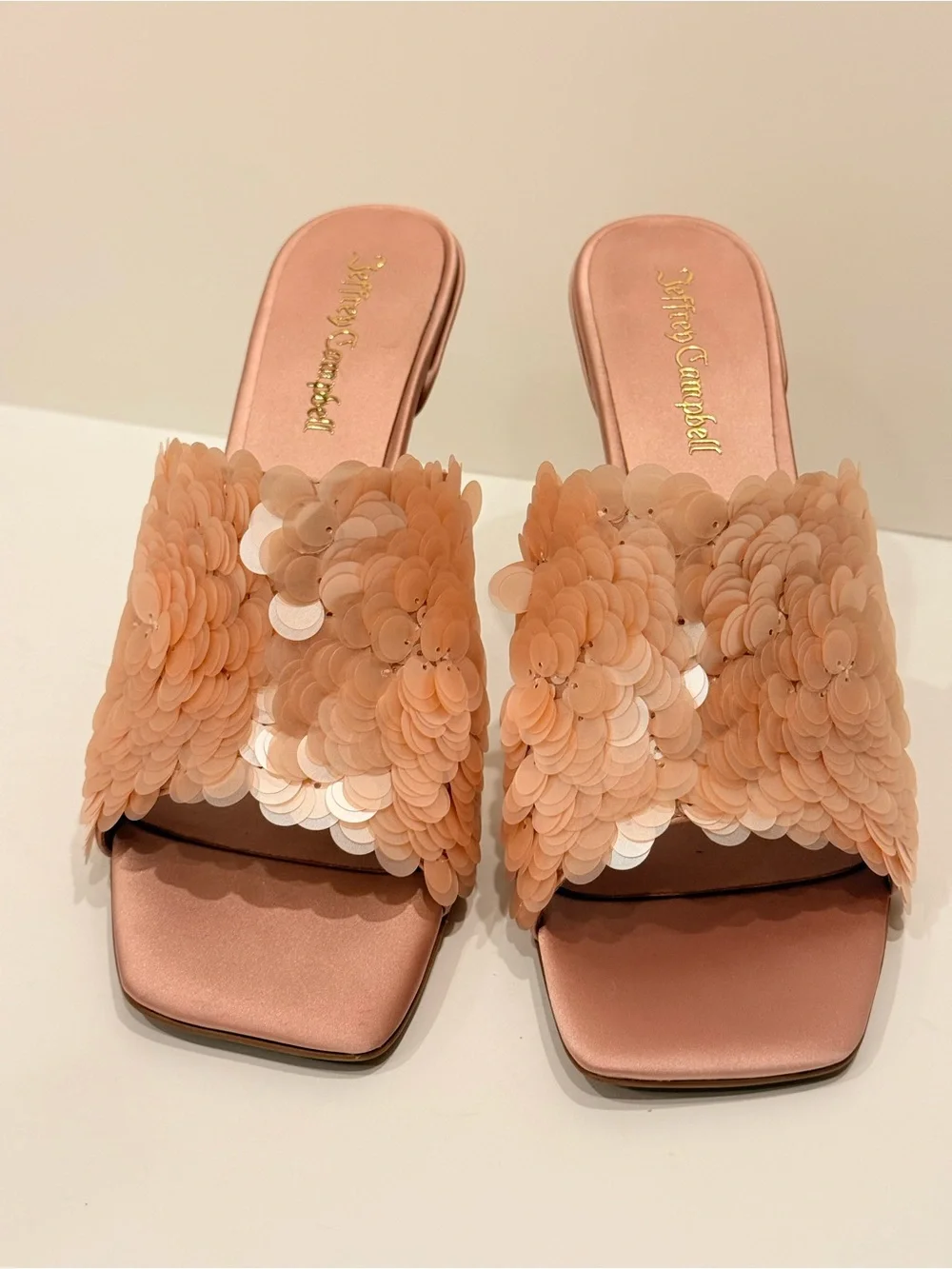 NWOB Jeffrey Campbell Rose Gold Sequin Blush Satin Slide Heels Size 10 Sample - Picture 3 of 14